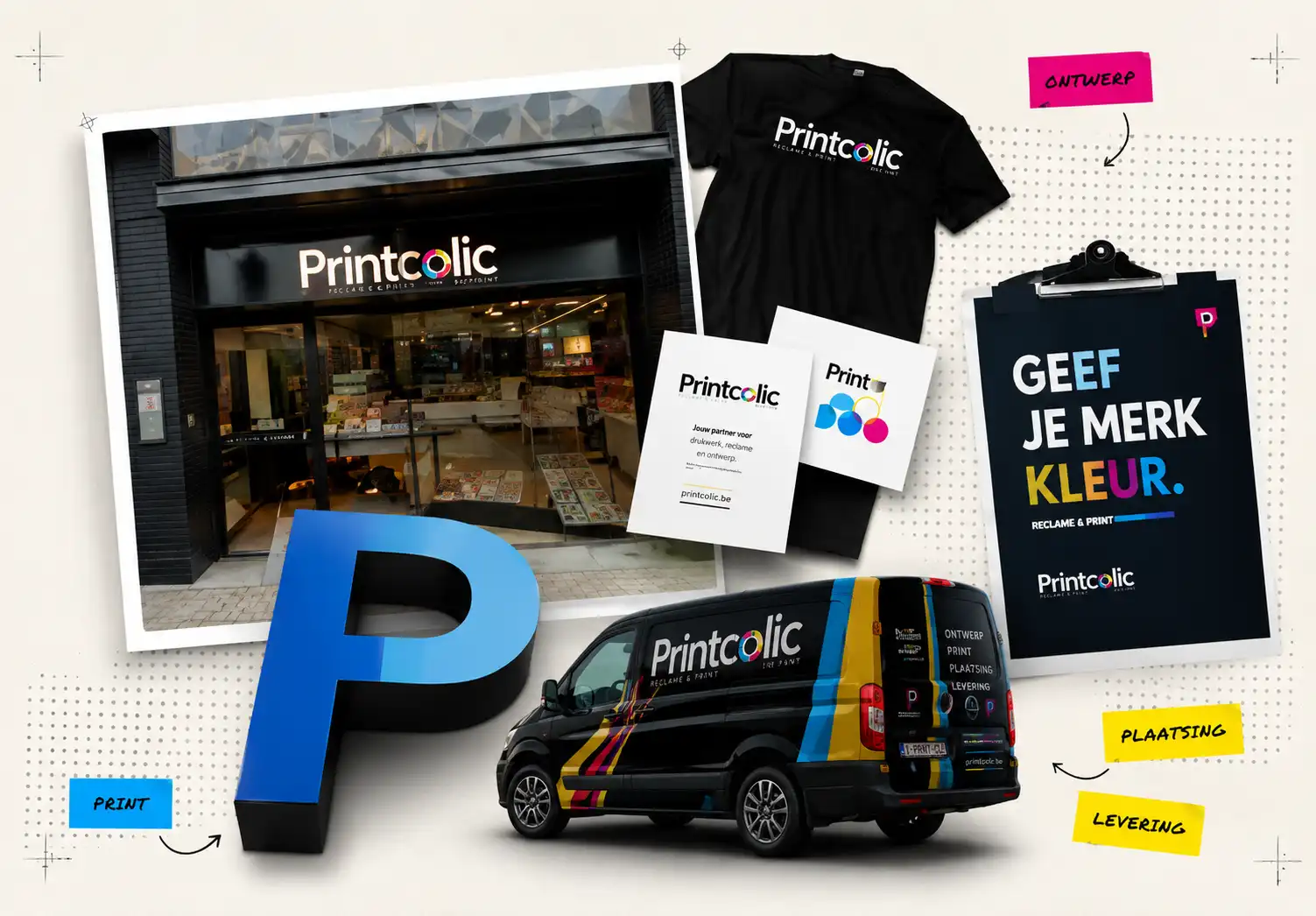 Printcolic ontwerp, print, textiel, voertuigbelettering en plaatsing